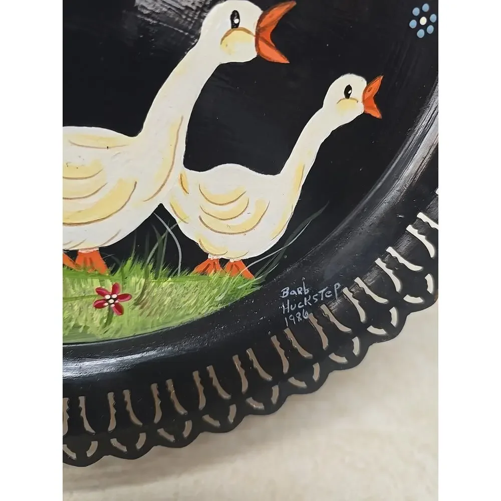 Vtg Hand Painted Tole Metal Tray Lace Edge Folk Art Sunbonnet Girl Geese‎ 1986